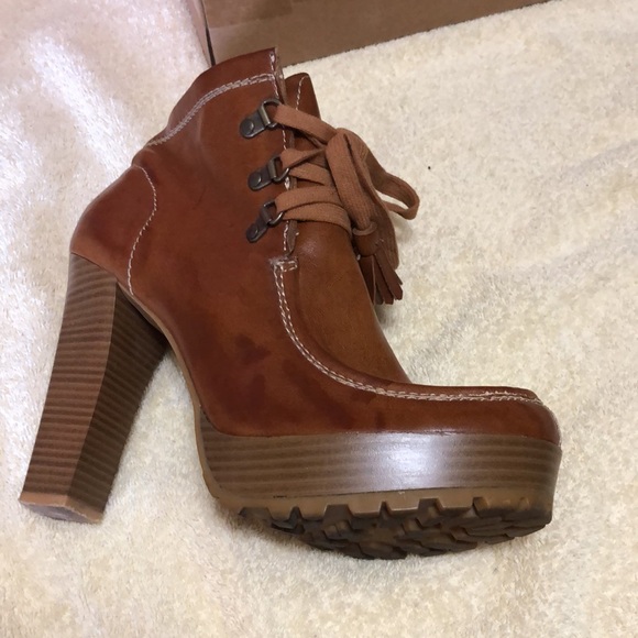 Mia Womens Brown Lace Up w/zipper Rubber soled 5” Heel Ankle Boots 10 Chunky - Picture 6 of 12